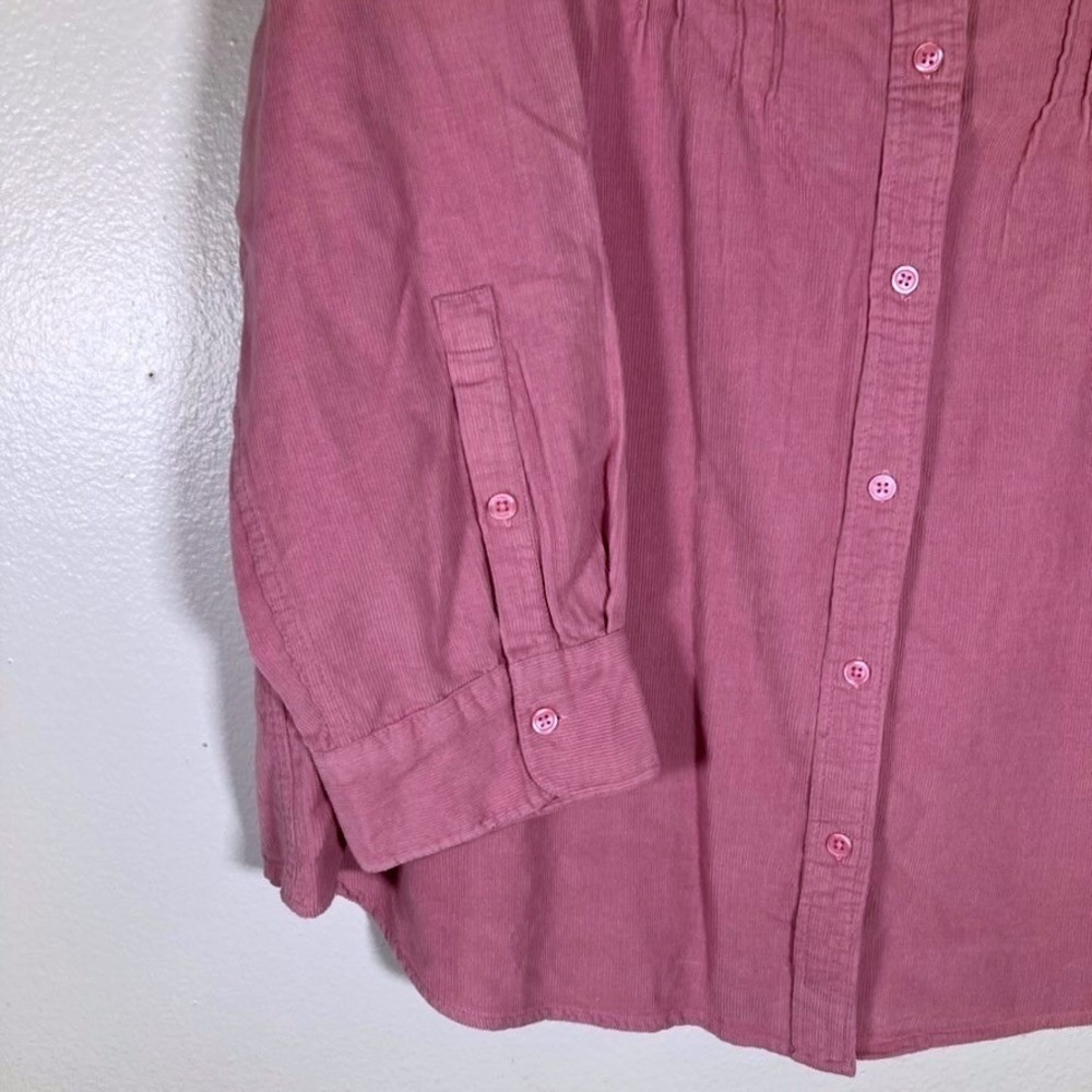 Woman Within L Pink Corduroy Button Down Shirt Pleated Bib Roll Tab Sleeve - Picture 3 of 14